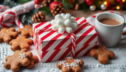 Fototapeta premium Festive striped gift box surrounded by gingerbread cookies and a cup of cocoa