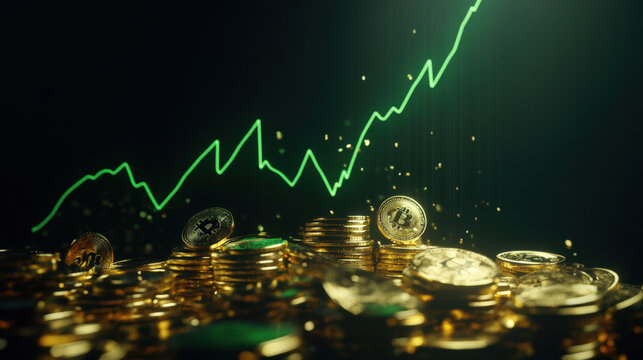 Golden coins on dark backdrop with green graph depicting financial growth, investment strategy, and wealth accumulation in digital economy