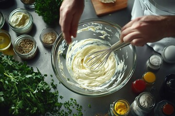 Chef whisking creamy sauce in a glass bowl surrounded by fresh herbs and spices in a professional kitchen