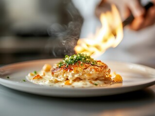 Chef Caramelizing Dish with Torch in Professional Kitchen Setting