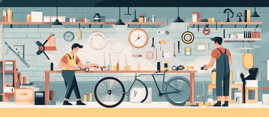 Two mechanics repair a bicycle in a well-equipped workshop.