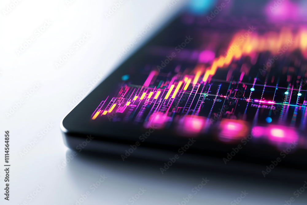 Poster colorful digital data visualization on tablet display.