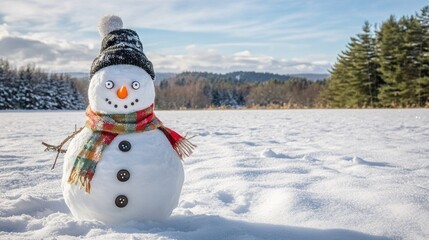Fototapeta premium Cheerful snowman in snowy field, winter landscape.