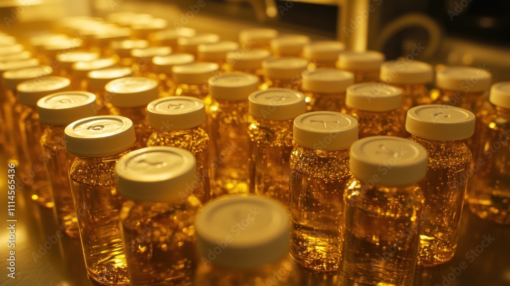 Poster golden liquid filled bottles arranged in rows