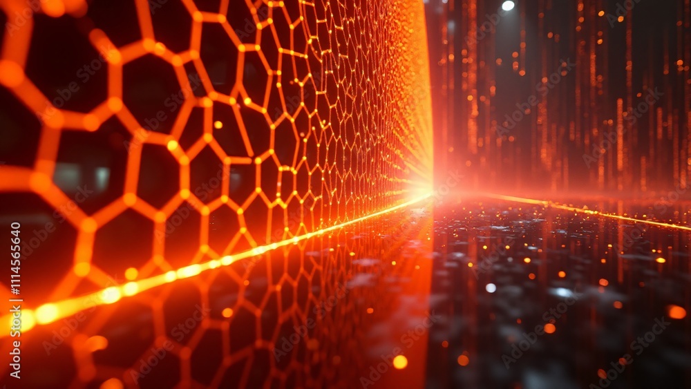 Poster a floating orb breaches a glowing hexagonal firewall, revealing vibrant holographic data streams beh
