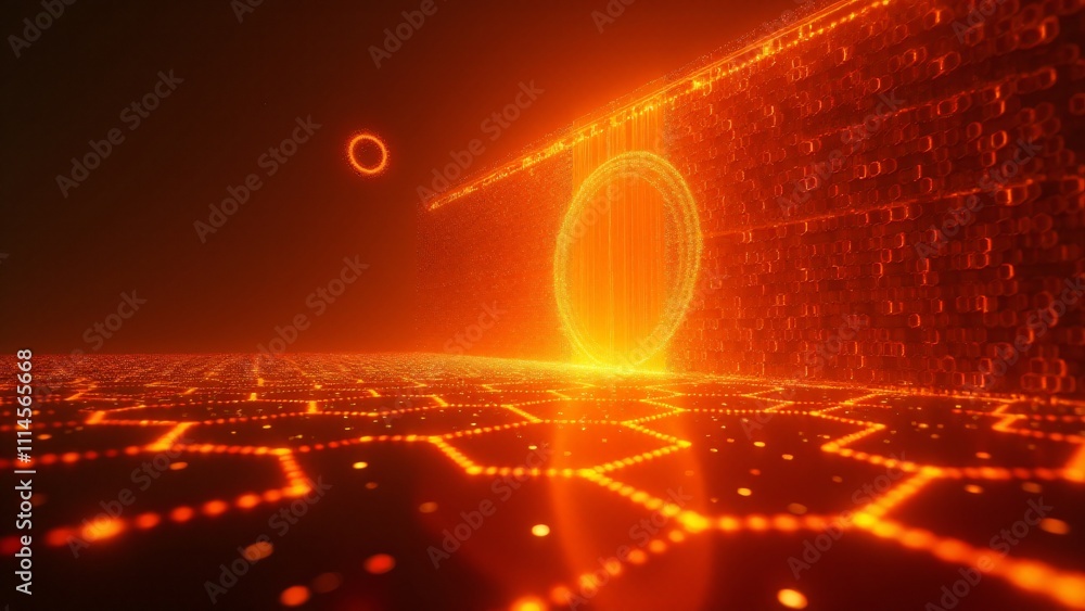 Poster a floating orb breaches a glowing hexagonal firewall, revealing vibrant holographic data streams beh