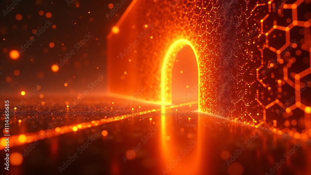 Poster a floating orb breaches a glowing hexagonal firewall, revealing vibrant holographic data streams beh
