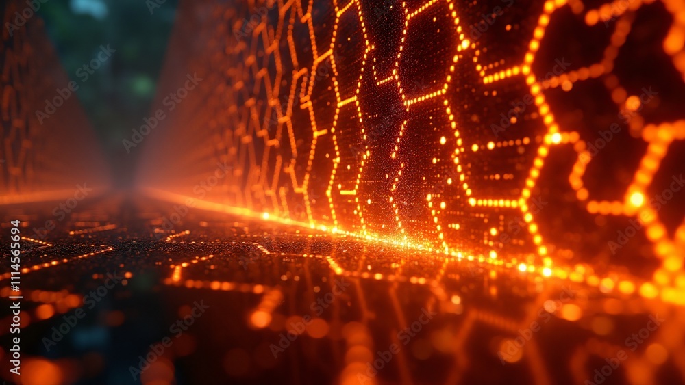 Poster a floating orb breaches a glowing hexagonal firewall, revealing vibrant holographic data streams beh