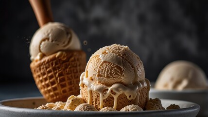 Creamy caramel ice cream scoops melting in waffle cones and bowls, with caramel pieces.