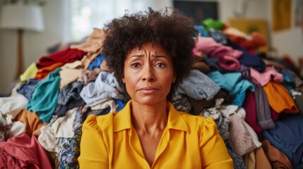 Fototapeta premium Frustrated African American Woman with Laundry Pile at Home - Stress and Overwhelm Concept