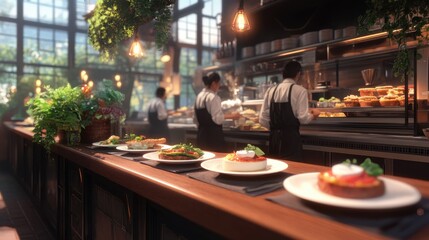 Elegant Dining Scene with Servers and Beautifully Presented Dishes