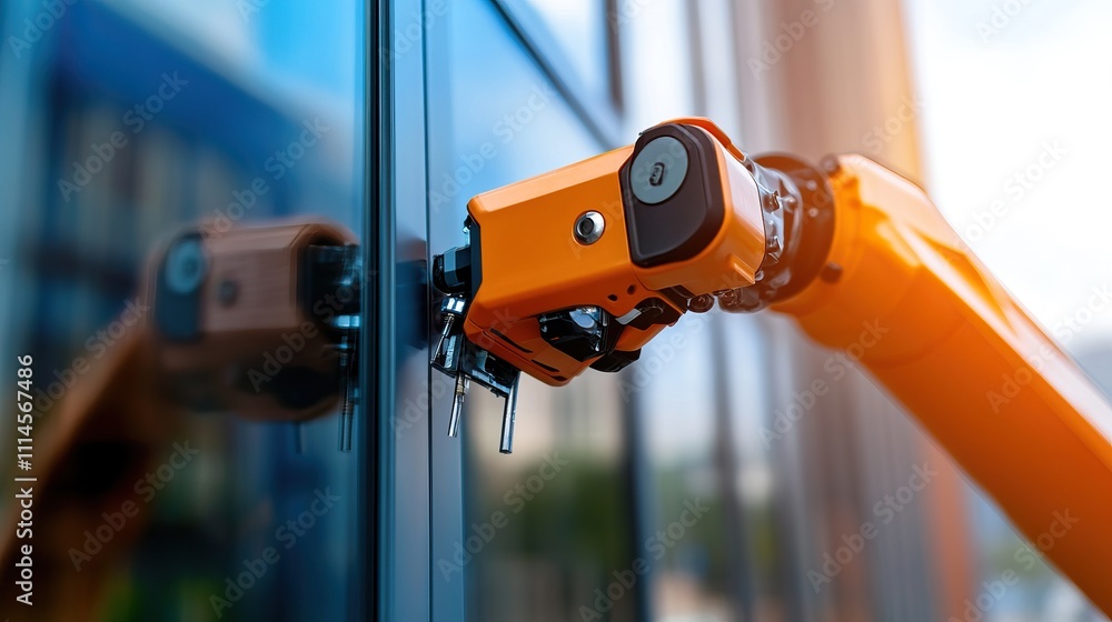 Poster a robotic arm is seen manipulating a glass surface, showcasing advanced automation technology in a m