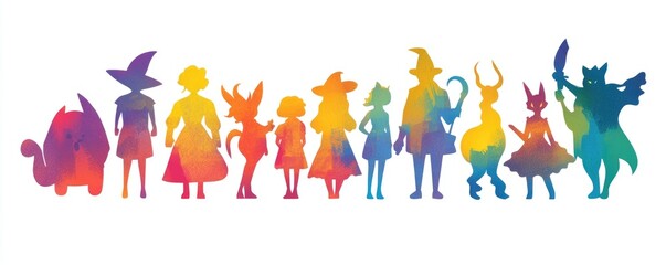 A group of diverse silhouettes, with a colorful rainbow palette, in a vector illustration on a white background, using a flat design and simple shapes and lines, without shadows