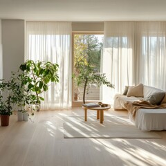 Naklejka premium Sunlit living room with plants, sofa, and sheer curtains.