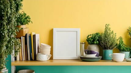 Fototapeta premium A cheerful, colorful kitchen with a small white frame on a shelf filled with potted herbs, recipe books, and ceramic dishes.