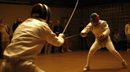 Fencers engaging in a competitive match during a training session in a sports hall