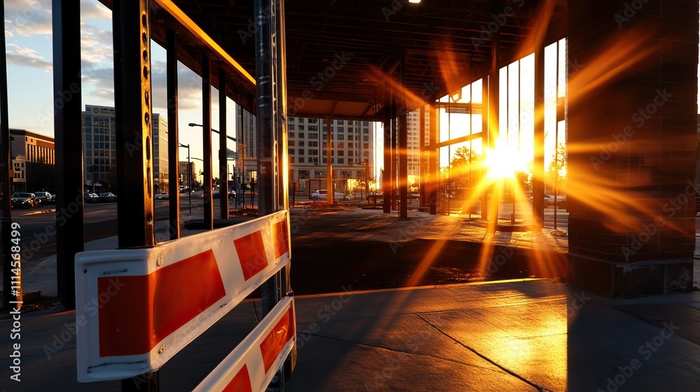 Poster a stunning sunset beams through a construction area, casting vibrant rays of light and creating a st