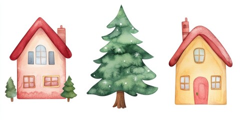 Watercolor Christmas Houses and Tree Festive Holiday Scene