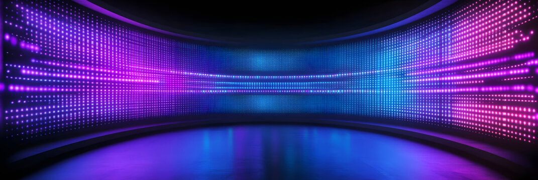 Authentic concave LED display for a wall or platform. Large TV display depicted in a vector illustration with neon blue and purple dot lights. Stadium digital scoreboard with diode lights