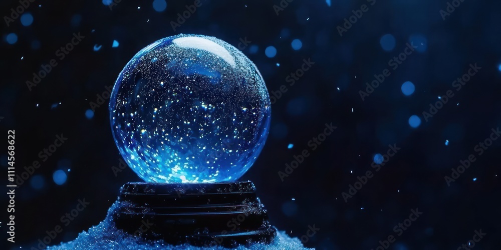 Poster illuminated snow globe with glittering particles rests on snow
