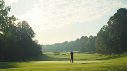 Morning golfer stands alone on serene course amidst lush greenery and soft sunlight