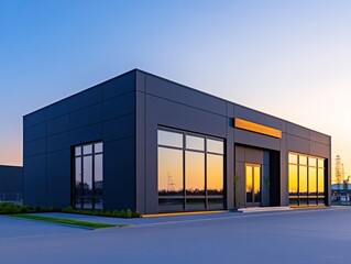 Fototapeta premium A modern commercial building featuring large glass windows and a sleek design, illuminated by warm sunset hues.