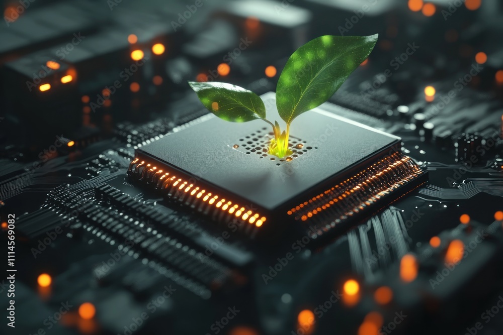 Poster Green Plant Sprouting From A Computer Microchip