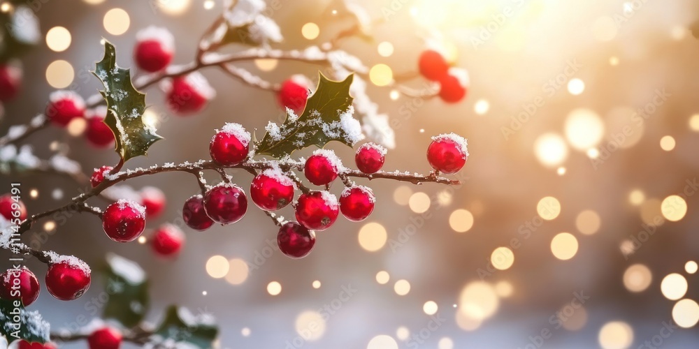 Poster snow covered holly branch with red berries and bokeh lights