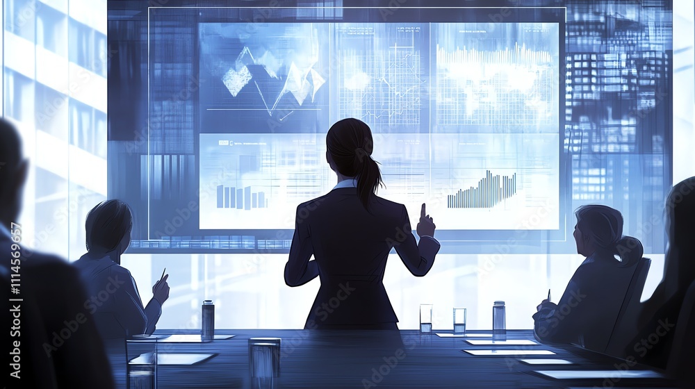 Poster a businesswoman presents data on a large screen to a group of colleagues. the image is a powerful re