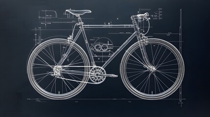 Fototapeta premium A CAD outline drawing of a minimalist bicycle, side view, with labeled components such as frame, wheels, and gears.
