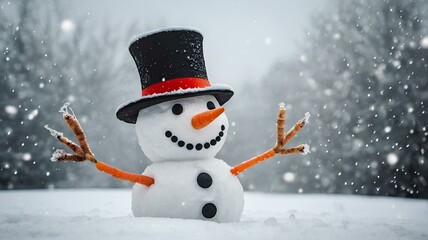 Obraz premium A cheerful snowman in a top hat with outstretched arms, inviting joy and winter fun. 