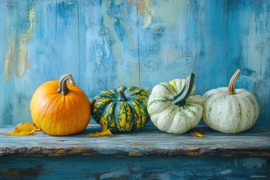 Autumn Gourds Arranged On Rustic Blue Wood - Powered by Adobe