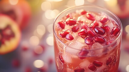 A refreshing drink with pomegranate seeds and ice, set against a softly lit background.