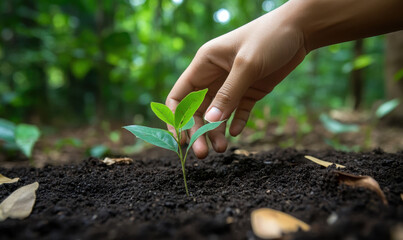 Planting tree seedlings. Forest conservation concept.
