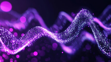 Abstract Waves of Light with Glittering Particles in Purple and Pink Colors Representing Digital Data and Technology Concepts