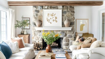 Fototapeta premium A bright and cozy living room with a white frame hanging above a stone fireplace, accented with wooden and earthy tones in the decor. 