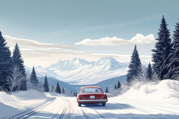 Red car is driving down a snowy mountain road towards a mountain range on a cloudy winter day