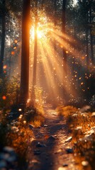 Fototapeta premium Golden Sunlight Illuminates a Peaceful Forest Path, Autumnal Wonders