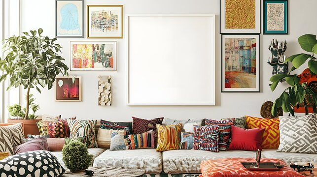 A bold eclectic living room with a blank white frame on a gallery wall filled with different art styles, next to an oversized sofa with patterned cushions