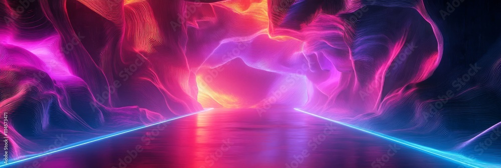 Poster imagine a mesmerizing abstract tunnel with vibrant neon lights and lively colors in a sleek, futuris
