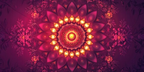 Symmetrical mandala with bright diyas at its edges, glowing softly, on a bold magenta background with delicate floral patterns.