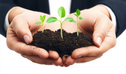 Hands, plants and growth for nature sustainability, agriculture and interracial earth day support. Diversity, teamwork and green energy ecology, enviroment collaboration and carbon capture gardening