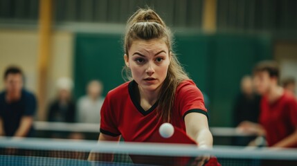 Young woman focuses intently while playing table tennis in a gym during a competitive match with spectators in background