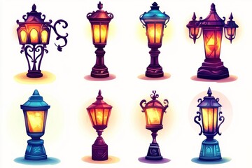 Eight Illuminated Ornate Street Lamps Designs
