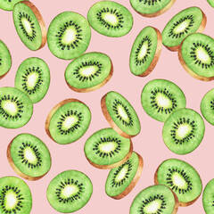 Fototapeta premium Watercolor hand drawn flying kiwi fruit slices isolated on pink background. Bright seamless pattern for fruit theme designs.