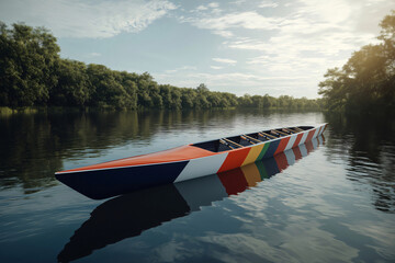 Colorful racing rowing boat is floating on calm water, ready for a competition or training session