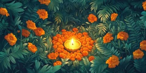 Obraz premium Illustration of a vibrant garden scene with a central glowing diya, framed by orange marigolds and lush greenery, adding a spiritual touch.