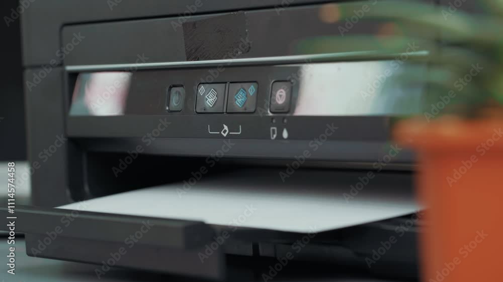 Poster exploring the various functions of a modern printer with close-up details on controls during a print