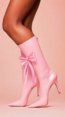 Pink bow high heel boots on pastel background highlighting fashion and style