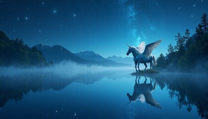 Fototapeta premium Majestic Winged Unicorn Stands by Serene Nighttime Lake